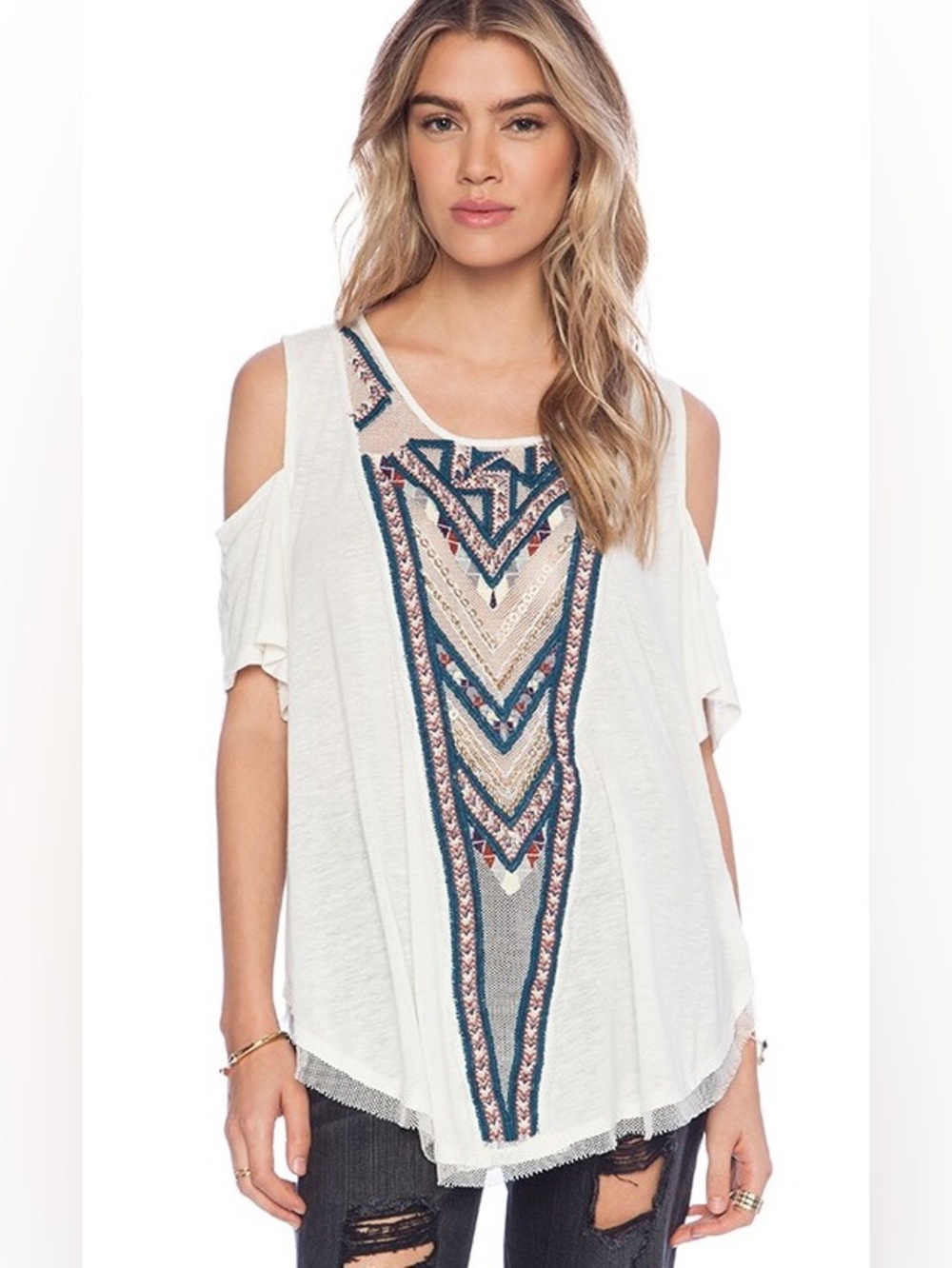 Free People Gypsy Spell Embroidered Mesh Off Shoulder Flowy Blouse Top, Medium